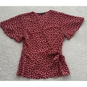 Women's Wrap Top Red White Daisy Floral Short Sleeve Size M Cottagecore Boho